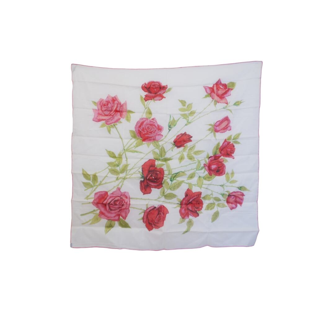 Vintage 100% Rayon Scarf White Red Rose Floral Green Leaves Square 30x30 Japan